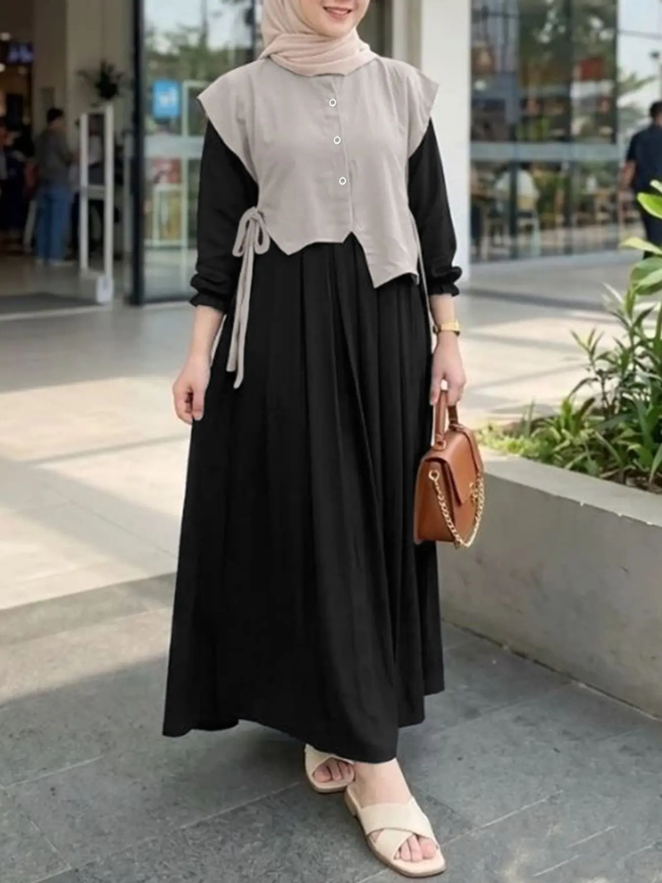 ZANZEA Women's Fake Two-Piece Loose H-Shape Round Neck Dress, Colorblock Tie Butterfly Knot Pleated Asymmetric Design, Long Sleeve Fashion Dress