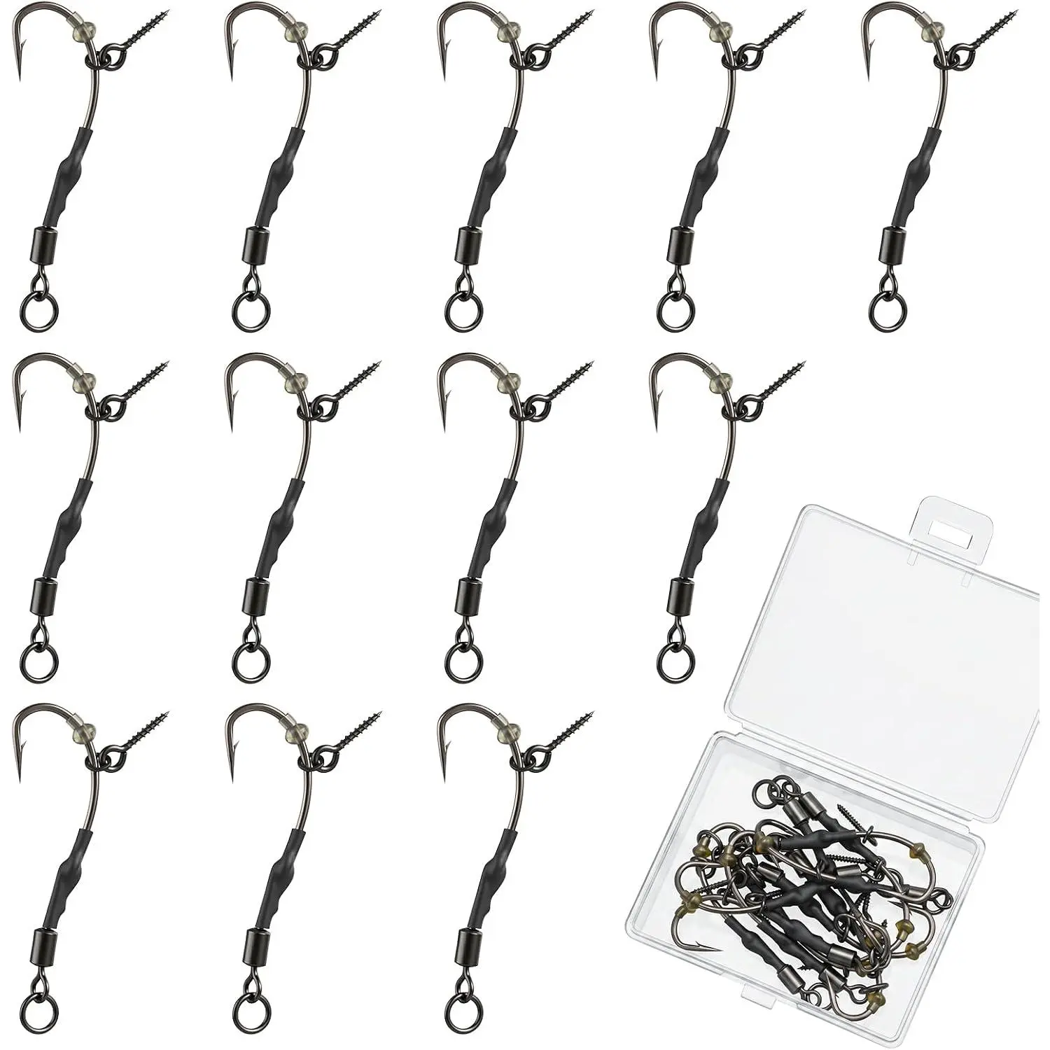 12 count Ronnie Rigs Carp Fishing with Screw, Carp  Hook 4# 6# 8# 10# | Barbed Ronnie  Carp Hooks,  Tied Hair Rigs for Floating Ball Fishing Group, Anti Bottom Fishing Terminal Tackle