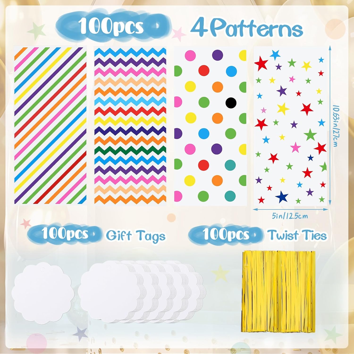 100 Set Rainbow Cellophane  Bags 5 x 10.6 Inch Clear Candy Party Favor Bags with 100  Tags and Twist Ties for Rainbow Colorful Party Easter  Shower Decorations