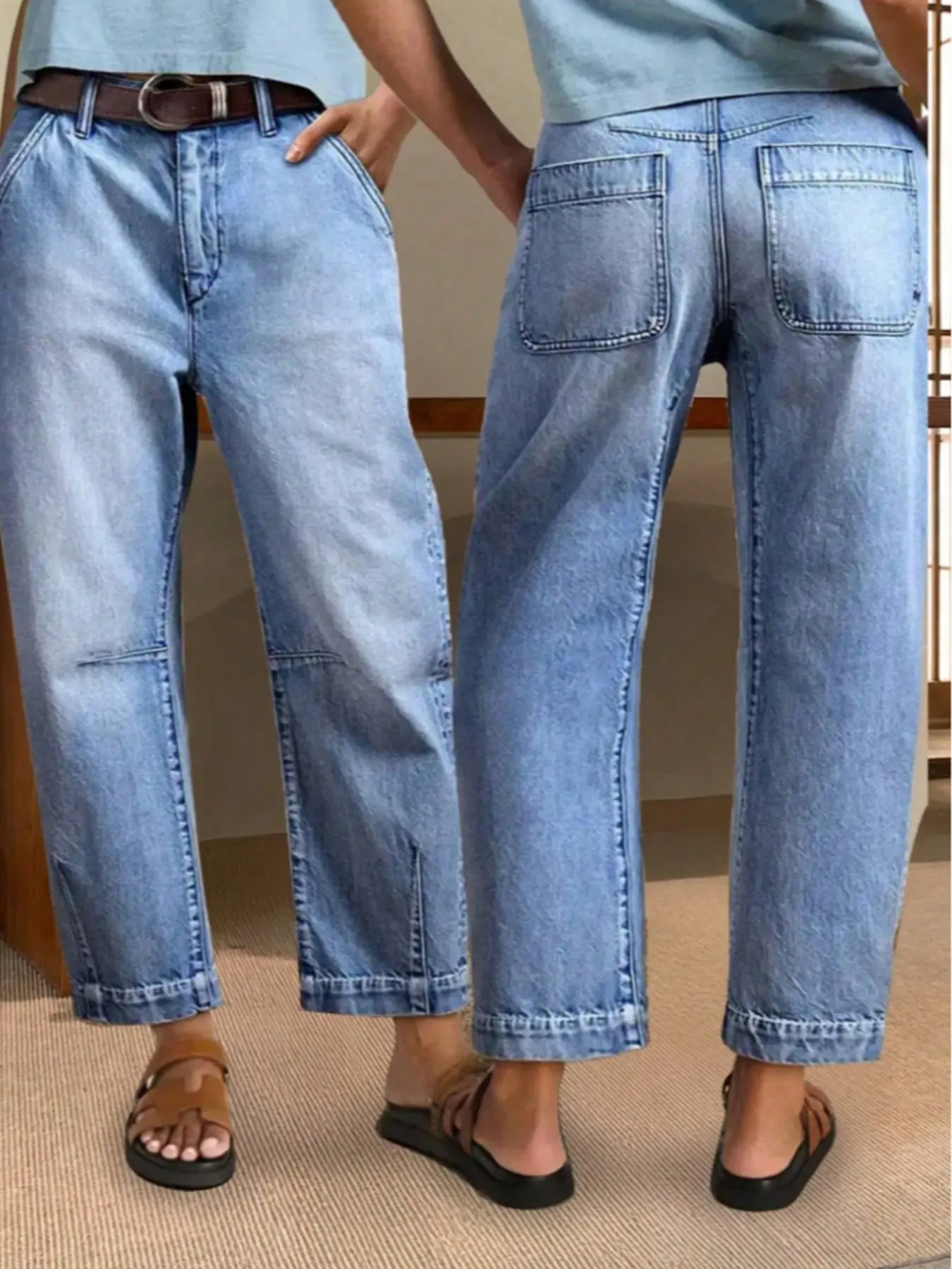 Women's Casual Patchwork Denim Jeans, Fitted Long Pants with Button Fly, Natural Waist, All Seasons, Perfect for Daily Wear, Light Wash