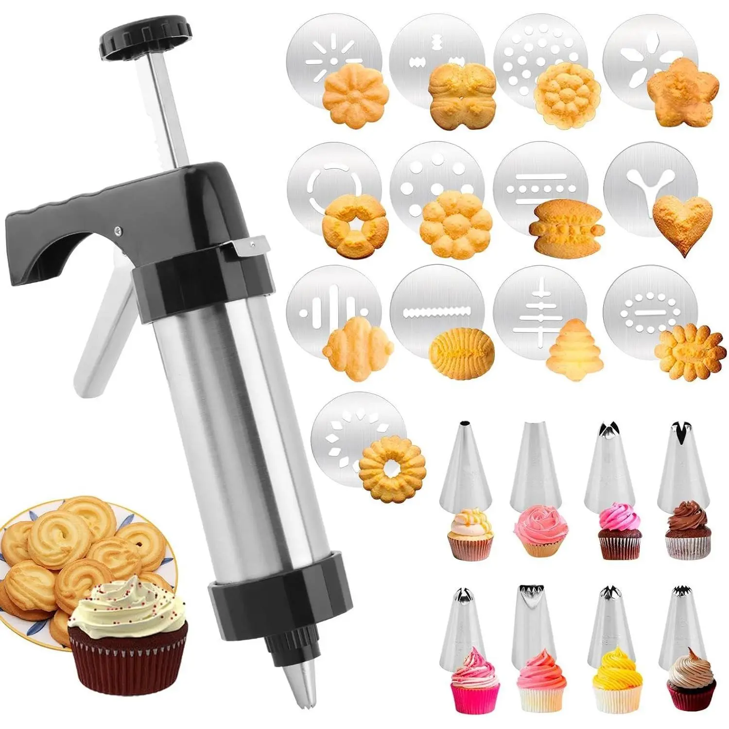 21-Pcs Cookie Press Kit with 13 Discs & 8 Stainless Steel Frosting Nozzles | DIY Biscuit Maker & Cake Decorating Gun Set | Premium Baking Supplies