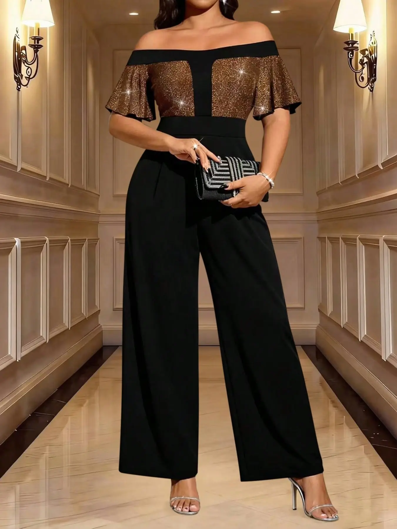 Plus Size Gold Sequin One-Shoulder Romper, Ruffle Short Sleeve High Waist Wide Leg, Elegant Formal Party for Women