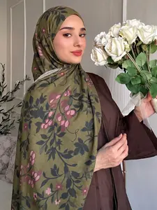 Olive Vintage Floral Print Scarf, Bohemian Style Multifunctional Shawl, Fashionable Bandana, Colorblock Border Headscarf, Hijab, Accessory