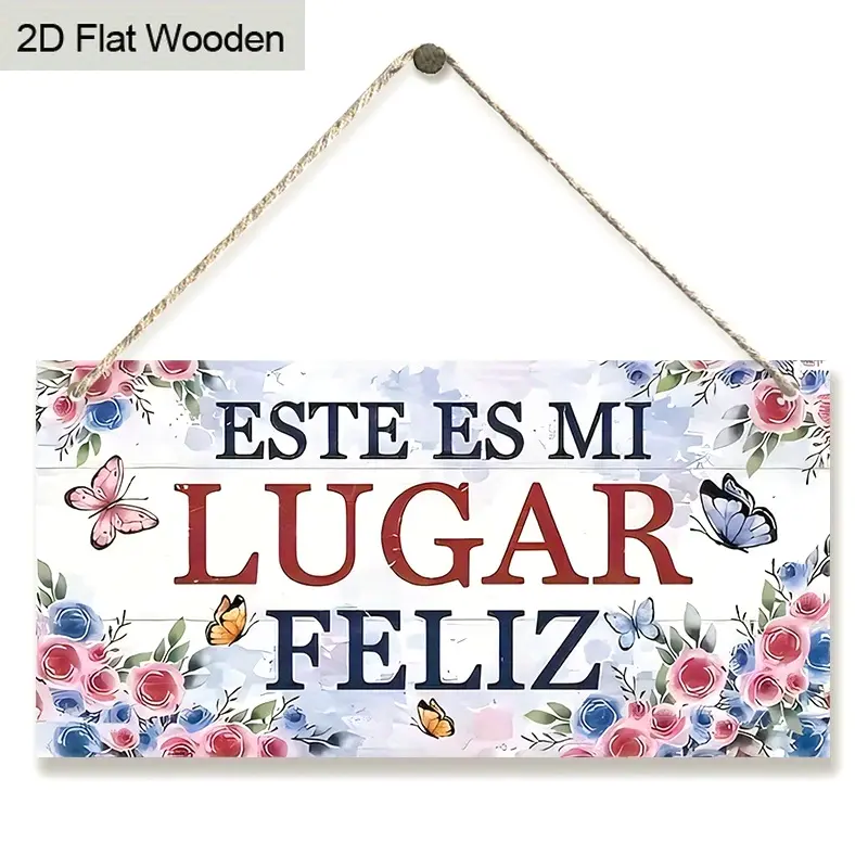 2D flat 1-piece Spanish-language decoration. This is my happy place. Wooden garden decorations with pink and blue rose and butterfly designs. 7.8 inches/20 cm wooden hanging home decoration ornaments, tree decoration pendants, suitable for garden rooms an