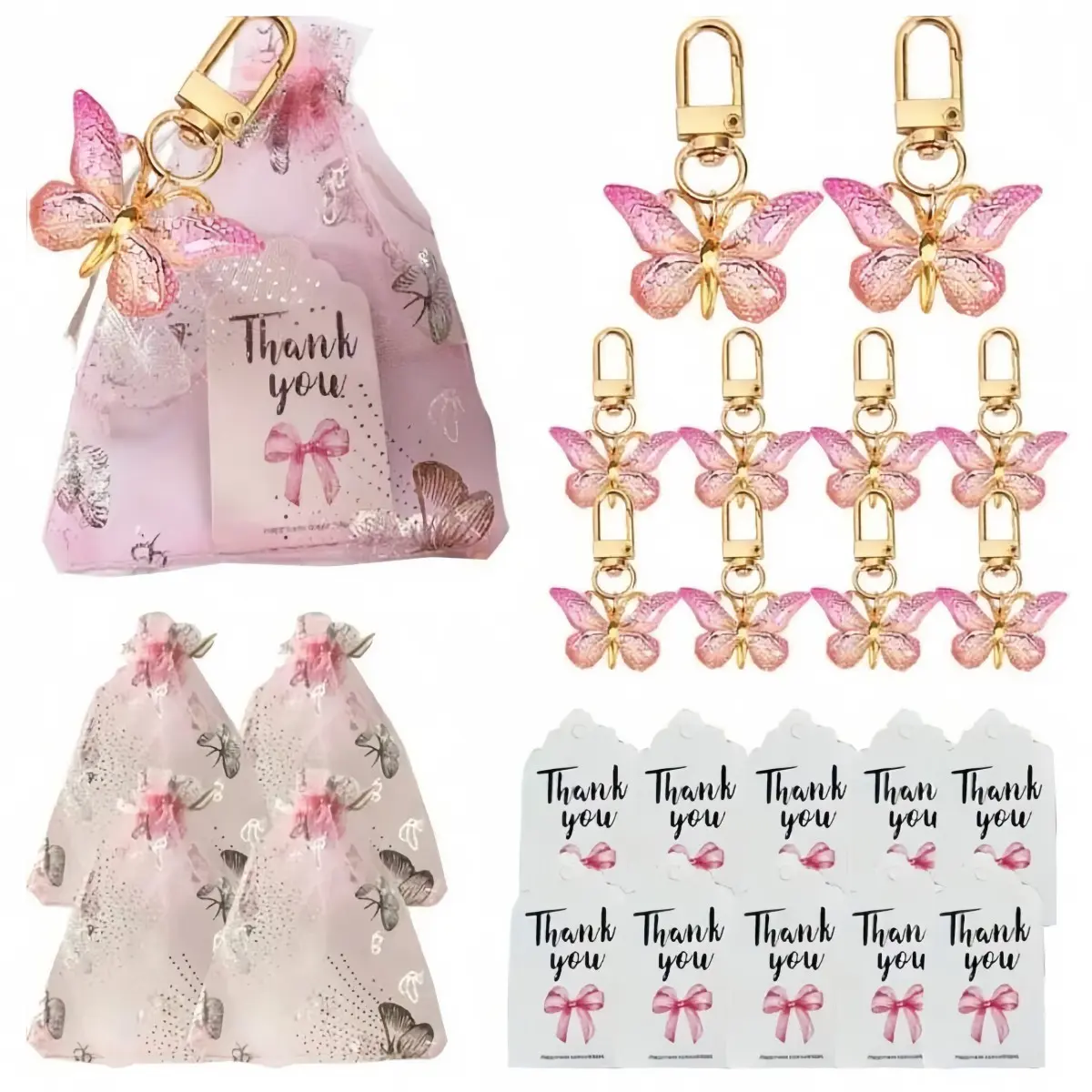 6/12 sets of butterfly keychain pink gift set, Girly keychain, Cute keychains, including acrylic keychain, card, and butterfly gauze bag, suitable for gender revealing, wedding showers, birthdays, weddings, gifts for friends