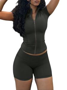 two-piece set women's solid zip up crop top & high waist shorts tracksuit set, casual comfy breathable outfits for yoga gym workout running, ladies sportswear for spring & fall, gym clothes, clothing, workout sets women