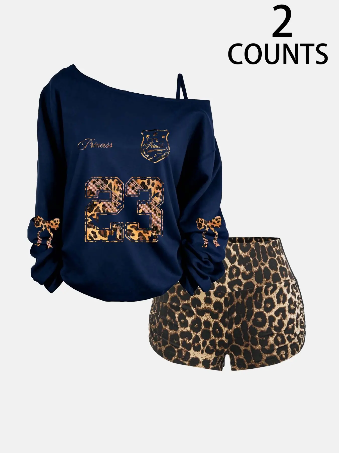 Women's Asymmetrical Shoulder Set, Leopard Print Shorts, Number 23 Slogan, Camouflage Shorts, High Waist, Spring Summer Casual Wear, Shorts Matching Set
