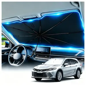 Front Window Sun Blocker | Portable Umbrella Type Auto Windshield Cover, High Reflective Titanium Silver UV Shield, Easy Setup Foldable Shade With Matching Storage Bag, Temperature Reduction Accessory For SUV Sedans, Beach Trips & Long Time Parking
