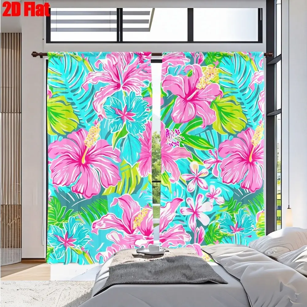 2D Flat 2Pcs Tropical Hibiscus Flower Print Curtains for Living Room Bedroom Kitchen with Turquoise Blue and Bright Pink Floral Leaves Pattern, Summer Refresh Decor, Vivid High Definition Printing, Bold Hawaiian Style, All-Season Window Coverings
