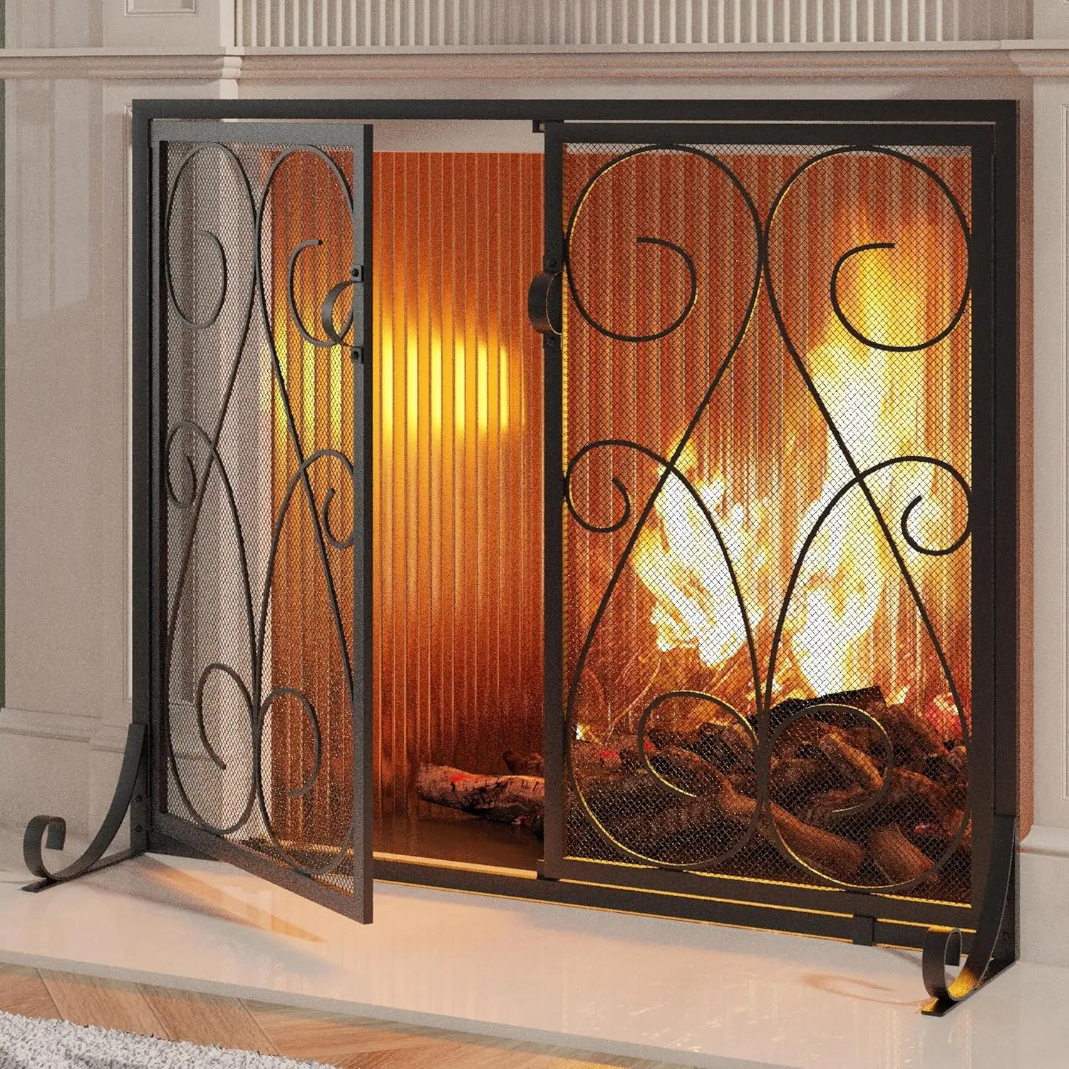 2-Panel Fireplace Screen with Doors Handcrafted Wrought Iron Decorative Mesh, Symmetric Scroll Fire Spark Guard-Black