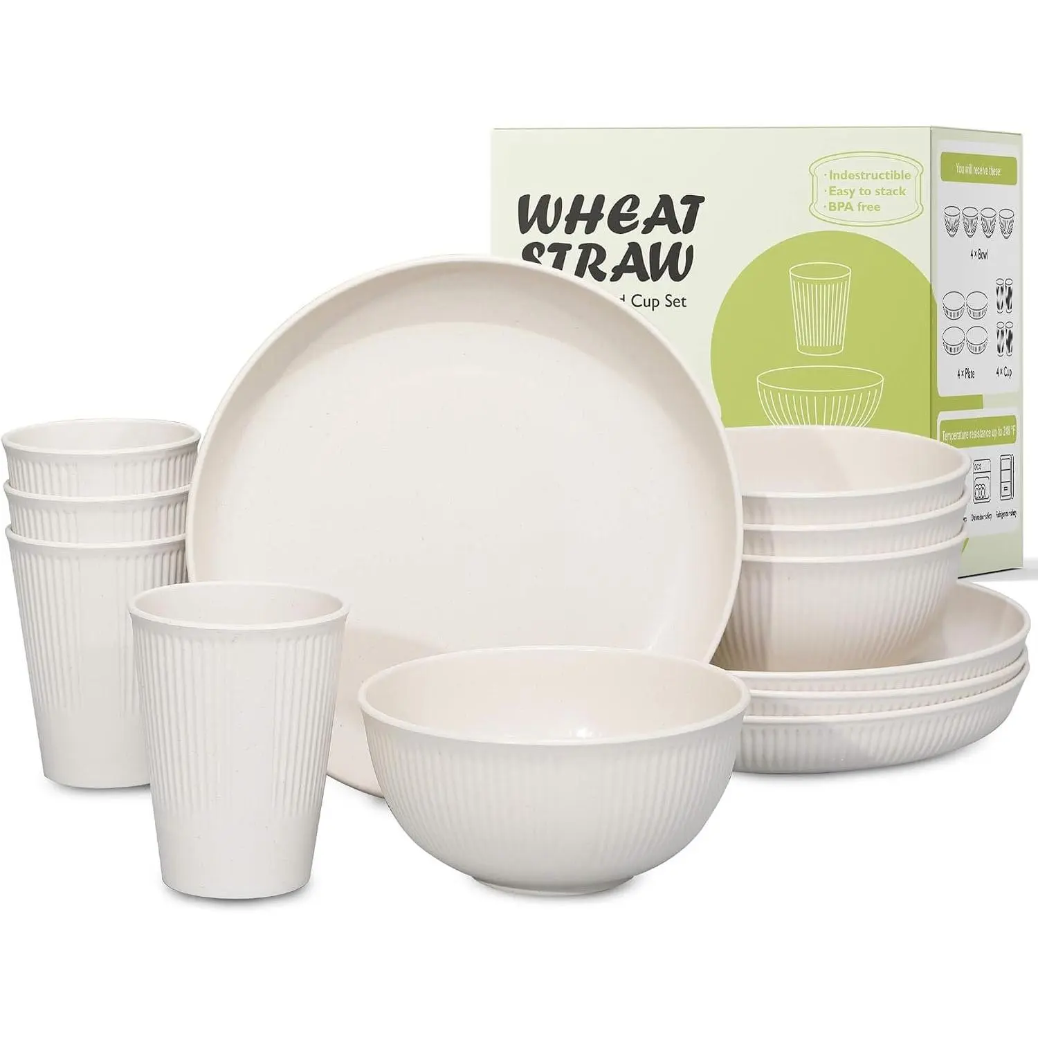 12 count Wheat Straw Dinnerware Sets, Kitchen Unbreakable Wheat Straw Plates and Bowls Sets for College Dorm Apartment  Beige