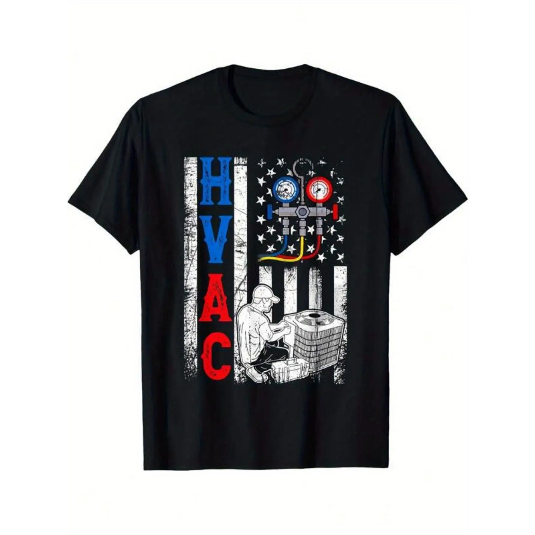 [100% Cotton] 100% Cotton Distressed HVAC Tech American Flag T-Shirt - HVAC Technician Graphic with Heating/Cooling Units - Soft Breathable Cotton Crew Neck Tee - Lightweight HVAC Technician Apparel Gift for Men & Women (S-XXXL) - HVACR Career Shirt for T