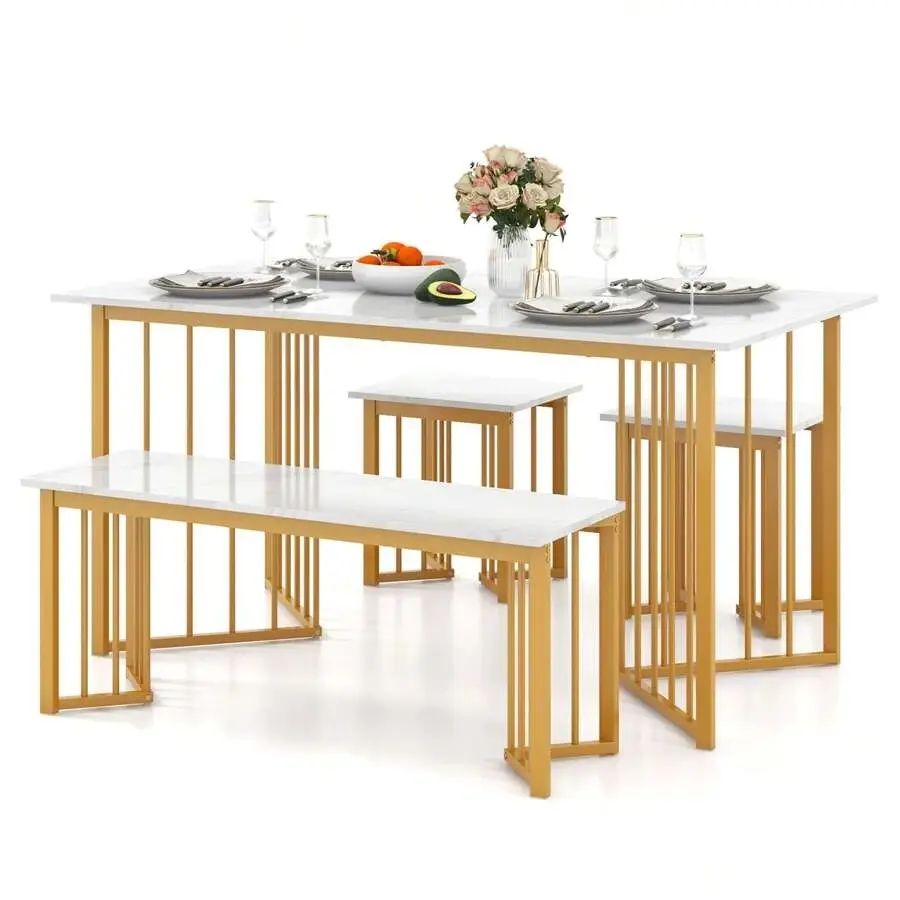 4PCS Dining Table Set with Table, Bench, and 2 Stools, featuring Wing-Shaped Metal Legs