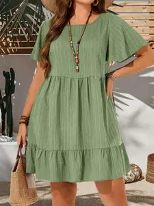 Women's Summer Beach Dress, Casual Vacation Style Elegant, Square Neck Flutter Sleeve, Loose Fit Textured Cake Dress, Plus Size Short Skirt