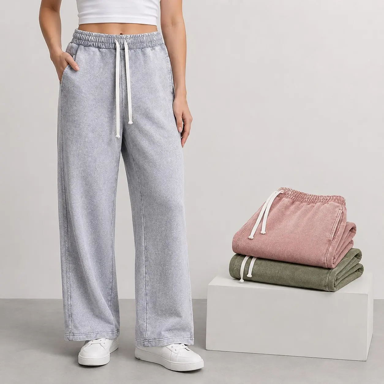 Two Pack Womens Acid Wash Sweatpants Loose Wide Leg Lounge Pants Elastic Drawstring Waist Side Pocket Casual Streetwear Trousers for Everyday Travel School and Weekend Wear