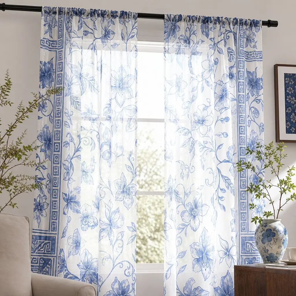 Chinese Blue- Floral Sheer Curtains, Traditional Porcelain Greek Key Border Print, Semi-Transparent, Bedroom Living Room Decor