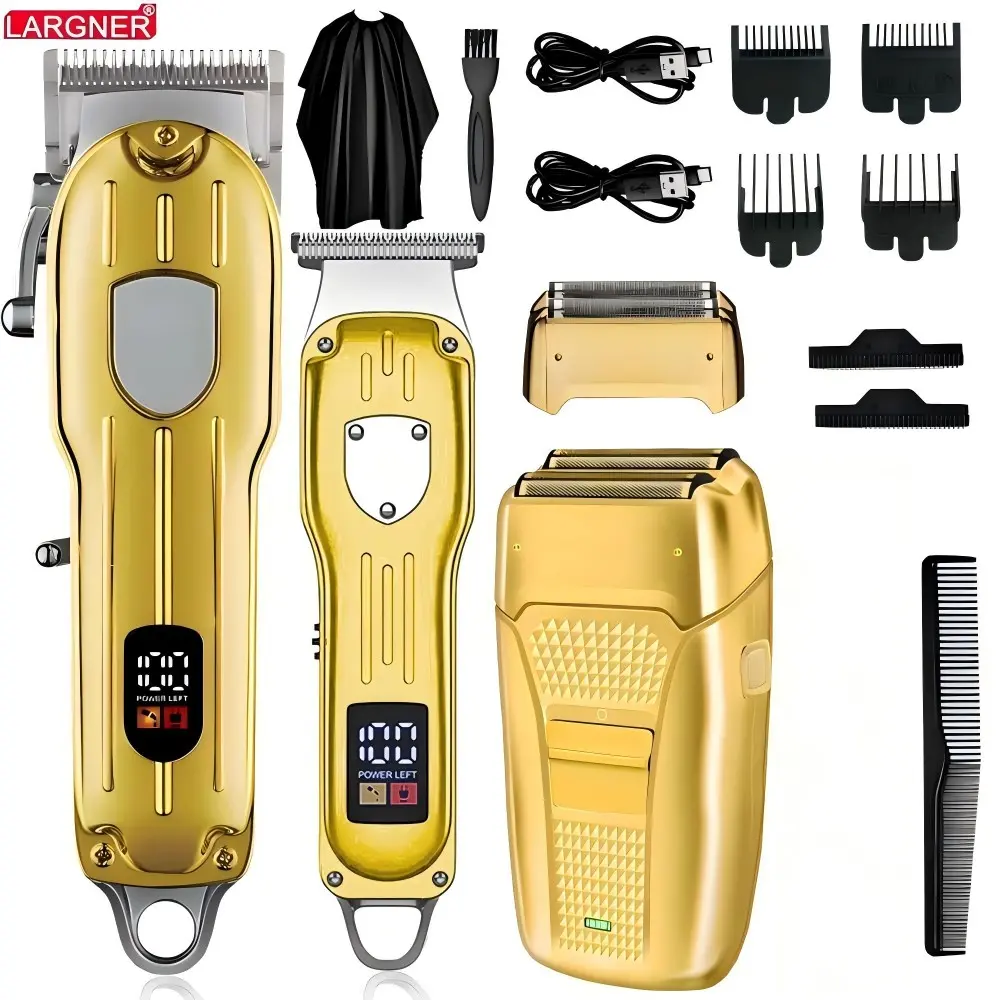 Largner 4-In-1 Professional Silver Color Electric Clipper Set, Cordless Clippers Set, USB Rechargeable LCD Display Shaver & Trimmer Kit, Travel Portable Grooming Tool, Hair Clippers Set