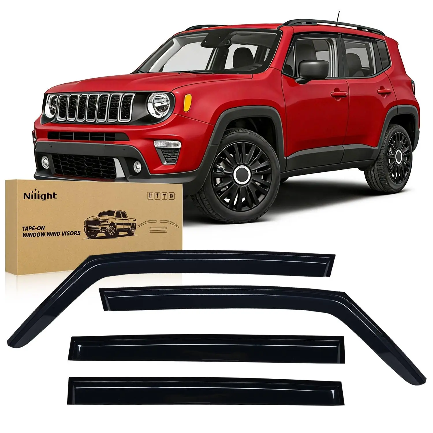 Nilight Car Side Window Deflectors & Visors for Jeep Renegade 2015-2024, Tape-On 4PCS Rain Guards - Keep Rain Out, Prevent Mirror Fogging, Reduce Wind Noise
