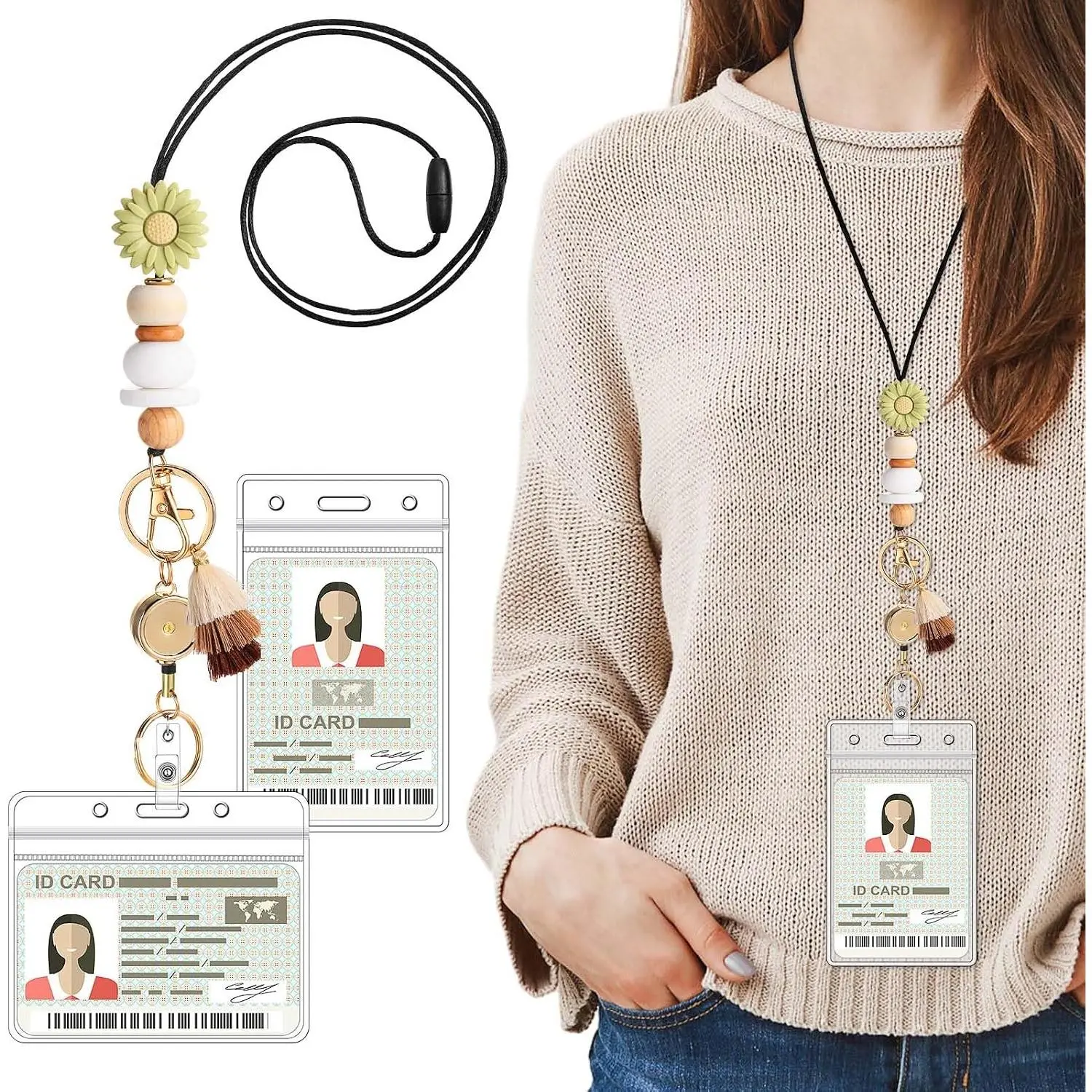 Teacher Retractable Lanyard for ID Badge and Key with 2  Card Holder Cute Breakaway Nurse String with Badge Holder Reel  Beaded for Woman Office School(Daisy)