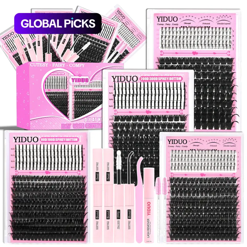 6 Styles Lash Cluster Kit, Spike/Bottom/80D/100D/200D/300D Volume Lashes, 980 Pcs 5–20 mm D-Curl Cluster Eyelash Extension Kit with Lash Bond and Seal (2 Bottles), Remover, Tweezers and Brush for Easy DIY at Home