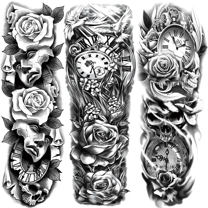 3 Pack Waterproof Temporary Tattoo Stickers, Realistic Designs with Rose, Dove, Skull, Clock Elements, Perfect for Men Women, Party & Daily Use