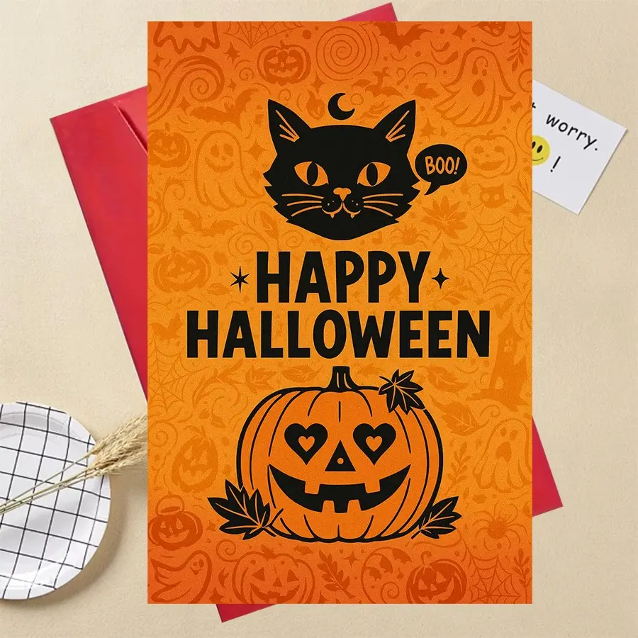 Spooky Cute Cat & Jack-O-Lanterns Halloween Card, Smiling Face & Bats, Bold Lettering, Hearts, Wiggly-Eye Design, & Party Invitation