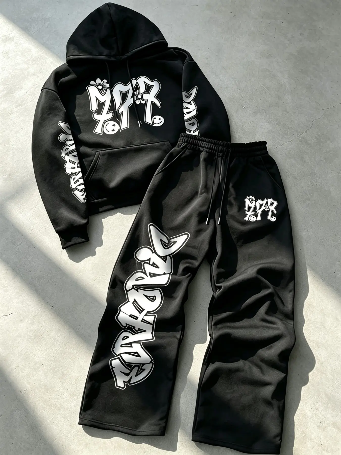 Unisex graffiti letter hoodie sweatpants two-piece tracksuit set, street style bubble font graphic print, cropped pullover hoodie matched with loose wide leg trousers. men clothing, menswear clothing, accessories for men, ropa caballero hombre, casual hip