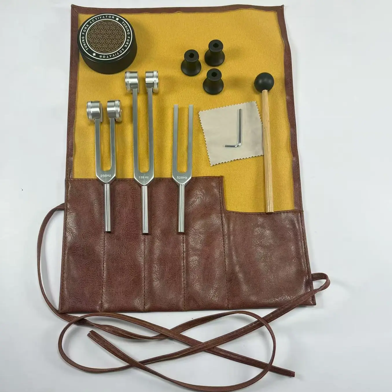 Three-Piece Aluminum Tuning Fork Set, 128hz, 528hz, 512hz, 256hz with Wooden Mallet, Yoga Frequency Relaxation Device