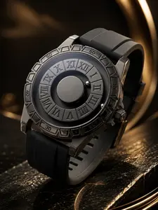 Men's Creative Ball-Reading Watch, Roman Numerals, Round Case, Silicone Strap, Casual Analog Quartz, All Seasons, Trendy Accessory