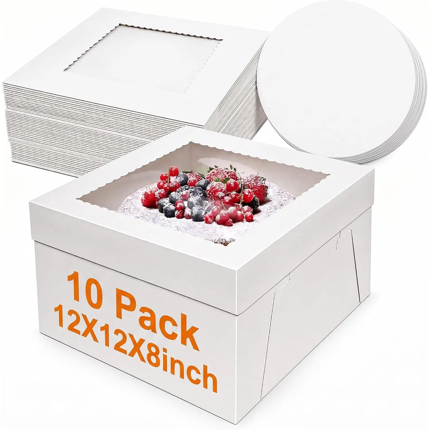 10 Pack Cake Boxes 12 Inch, 12x12x8 Inch Tall Cake Box with Window