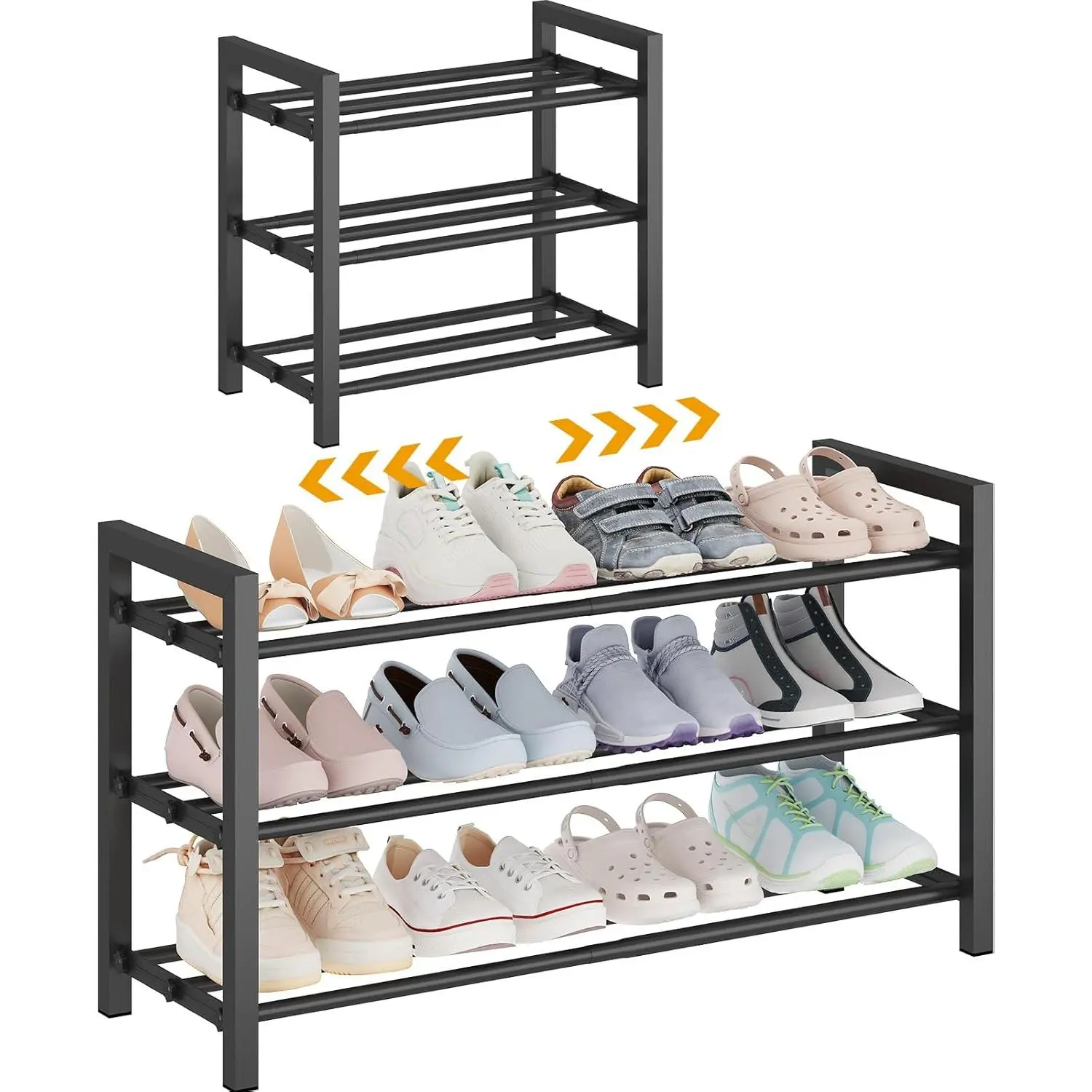 3-Tier Expandable Shoe Rack – Adjustable Heavy-Duty Metal Shoe Organizer Shelf for Closet, Entryway, Mudroom & Garage – Durable Freestanding Storage, Black