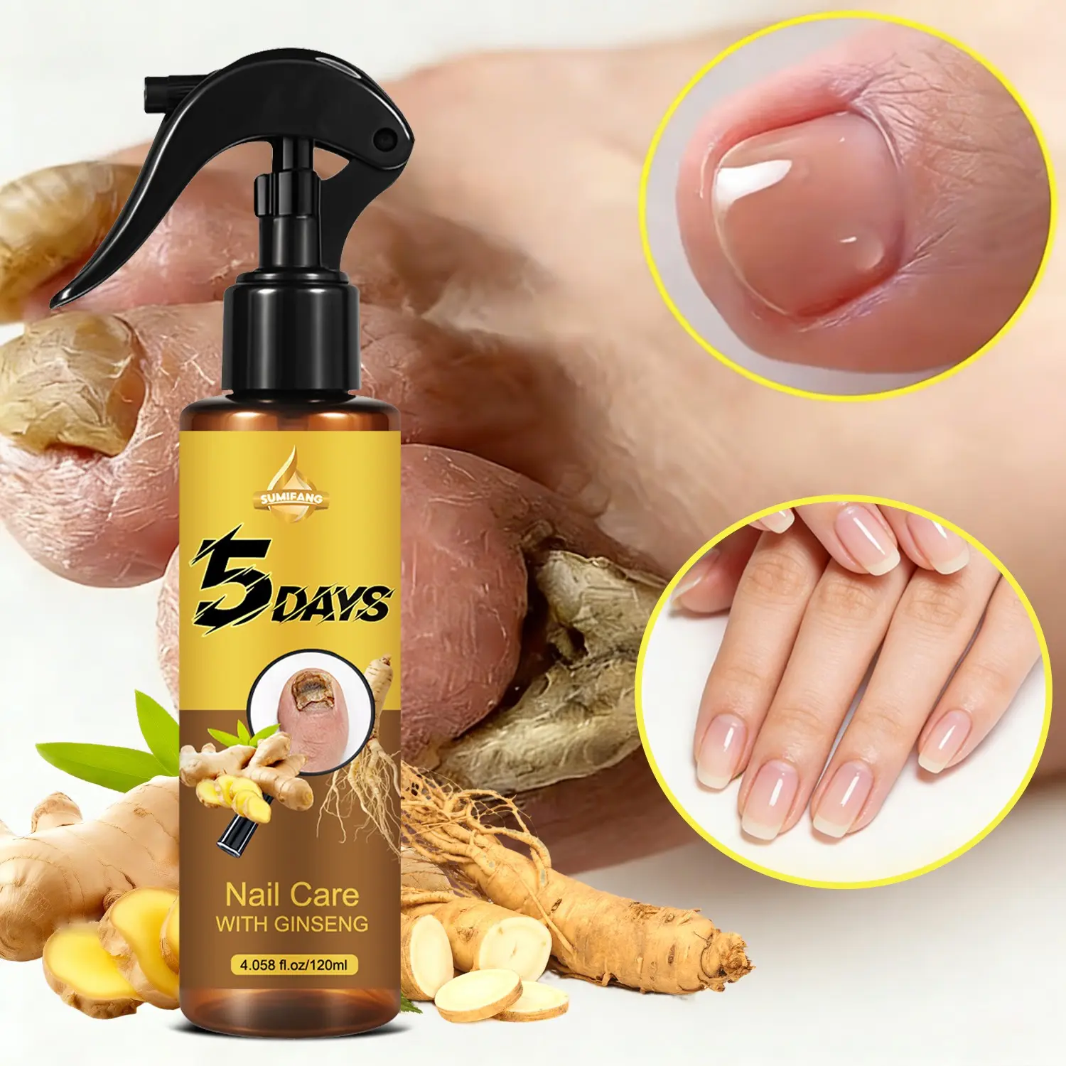 Ginseng Nail Repair Spray, 5-Day Nail Restoration, Protects & Strengthens Nails, Hand Foot Use, Absorbent Non-Greasy Formula