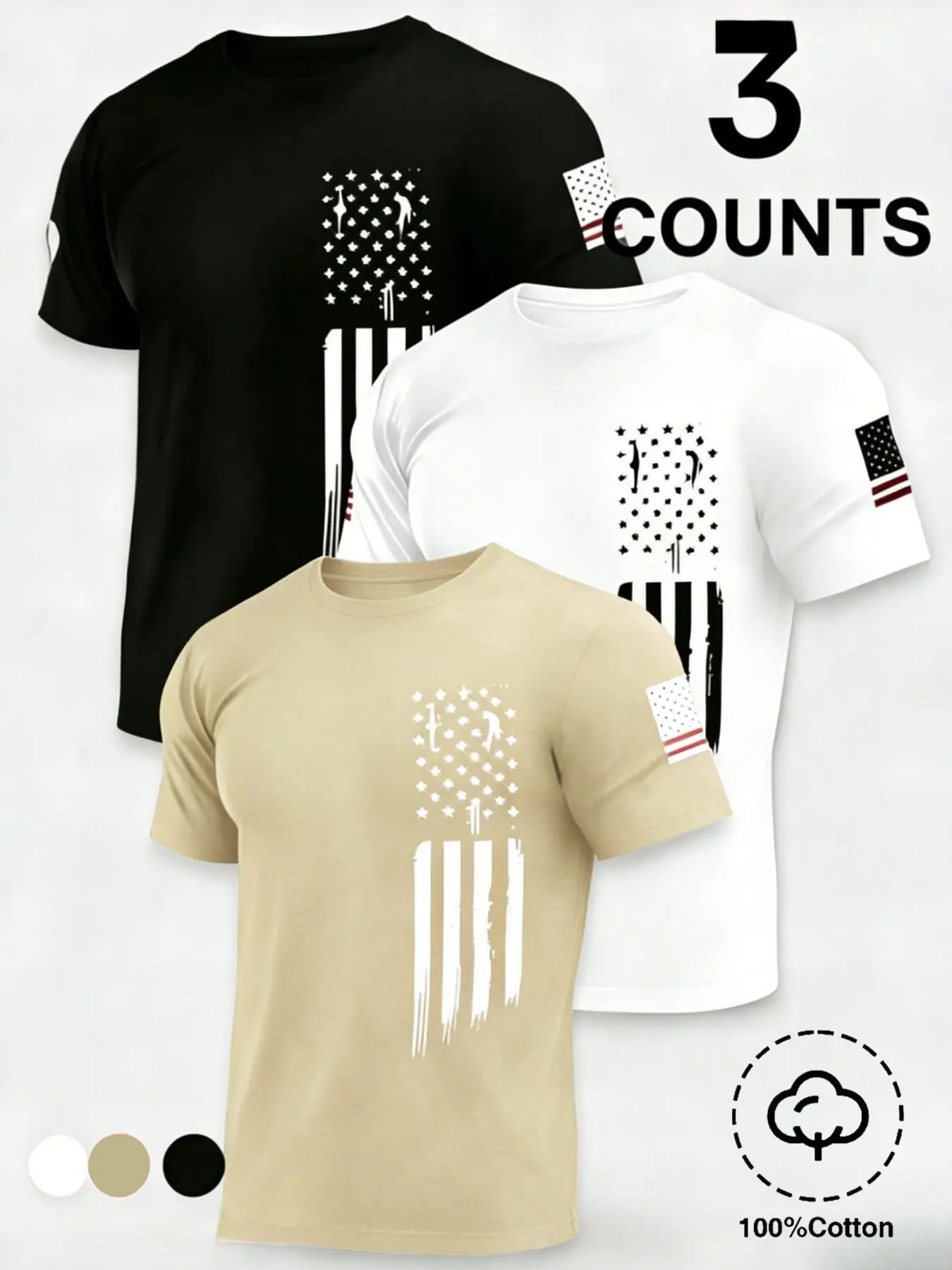 3-Pack Plus Size Men's T-Shirts, Menswear, Vintage American Flag Print, Soft Pure Cotton, Round Neck, Short Sleeve, Patriotic Design, Casual Style