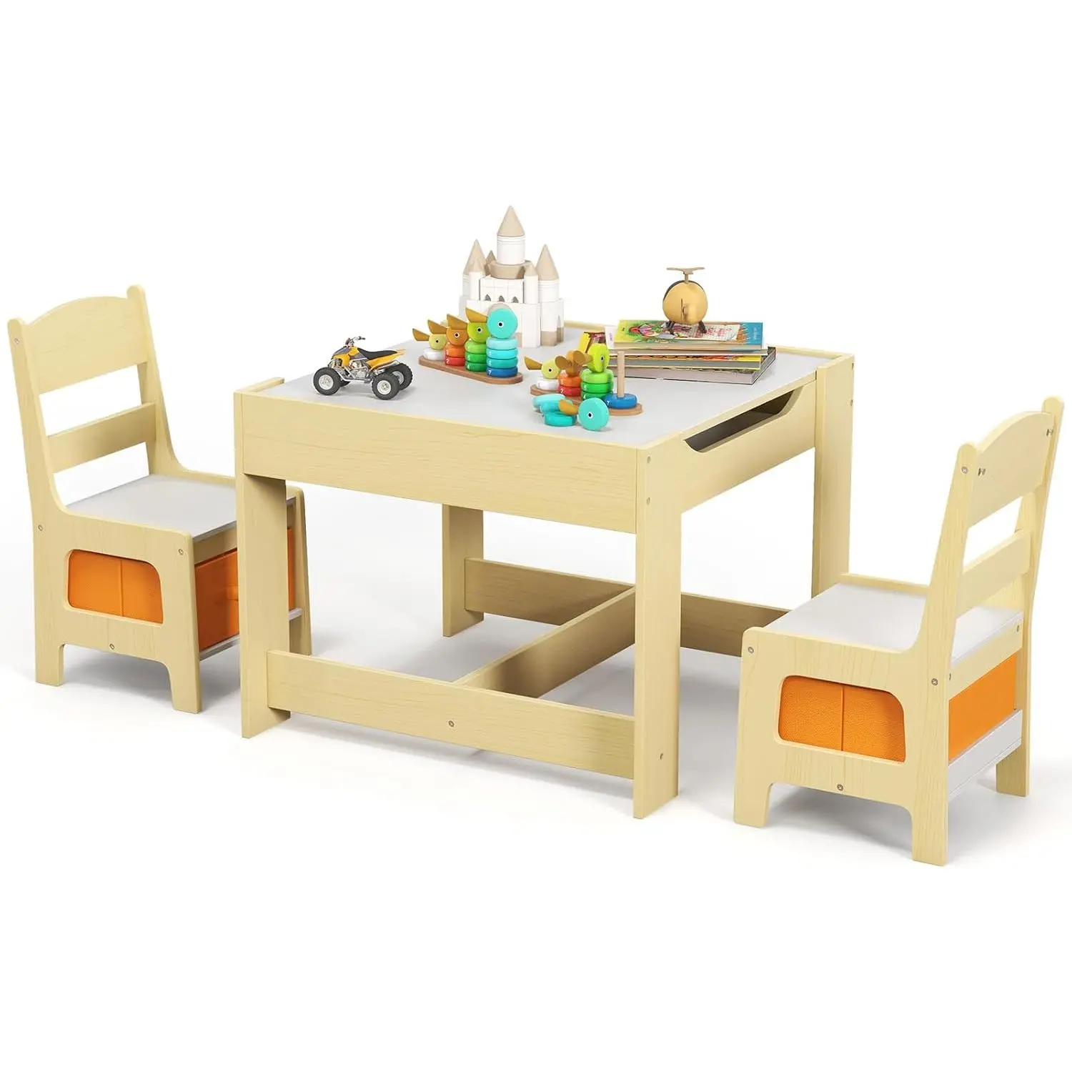 Kids Table and Chair Set, 3 in 1 Wooden Activity Table with Storage Drawer, Detachable Tabletop for Children Drawing Reading Art Craft, Playroom, Nursery, Toddler Table and Chair Set, Natural