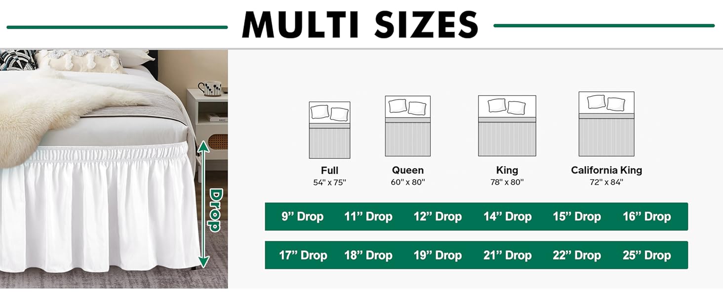 Wrap Around Bed Skirts for Queen Size Beds with 18" Long Drop, White Elastic Dust Ruffles Wrinkle & Fade Resistant Luxurious Machine Washable