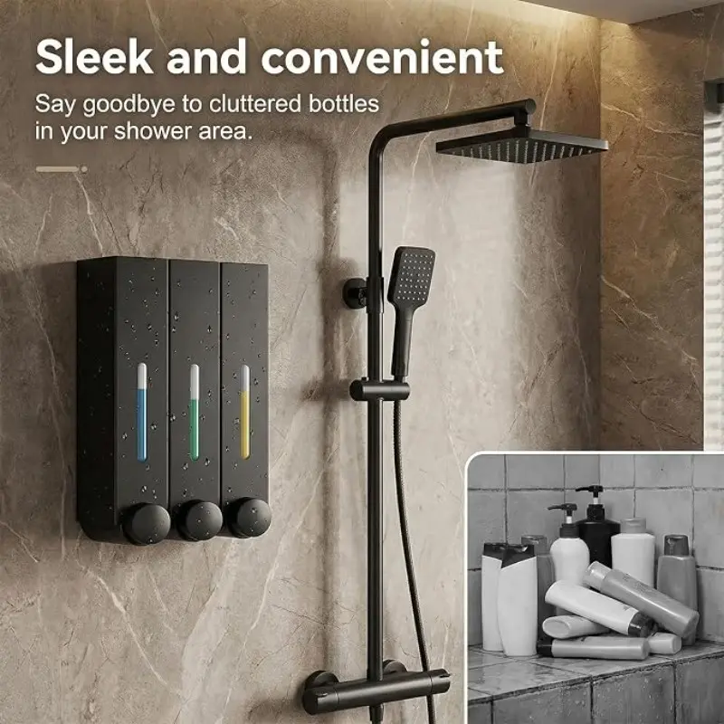 3-Piece Wall-Mounted Soap Dispenser 420ML, Bathroom No-Drill Haircare Organizer, Shampoo and Conditioner Holder, Space-Saving Design