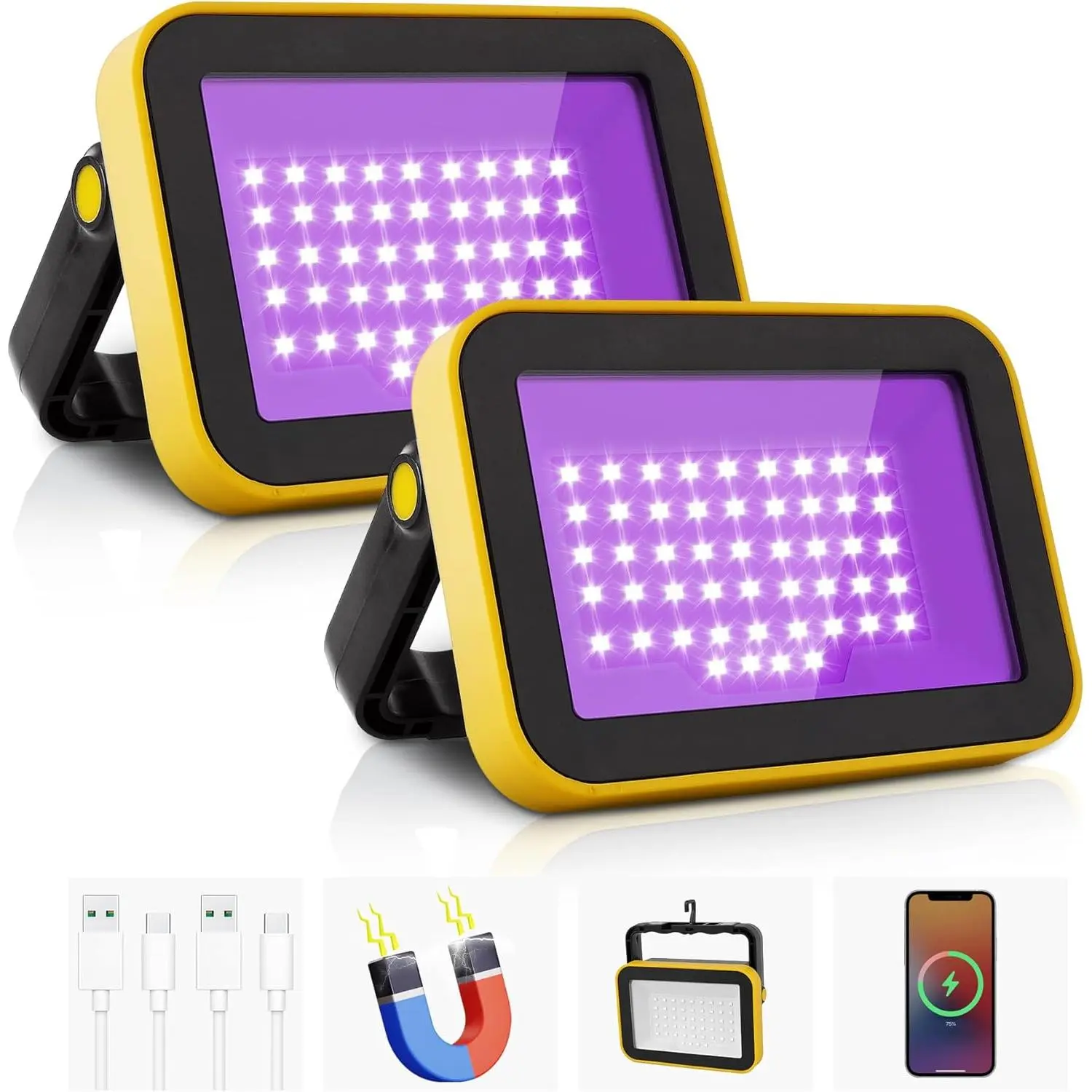 Rechargeable LED Black Light, Battery Powered Portable Blacklight, 400nm LED Flood Light Black Lights, Neon Glow Party, Blacklight Catfishing, Halloween, Glow in The Dark Decoration 2 Pack