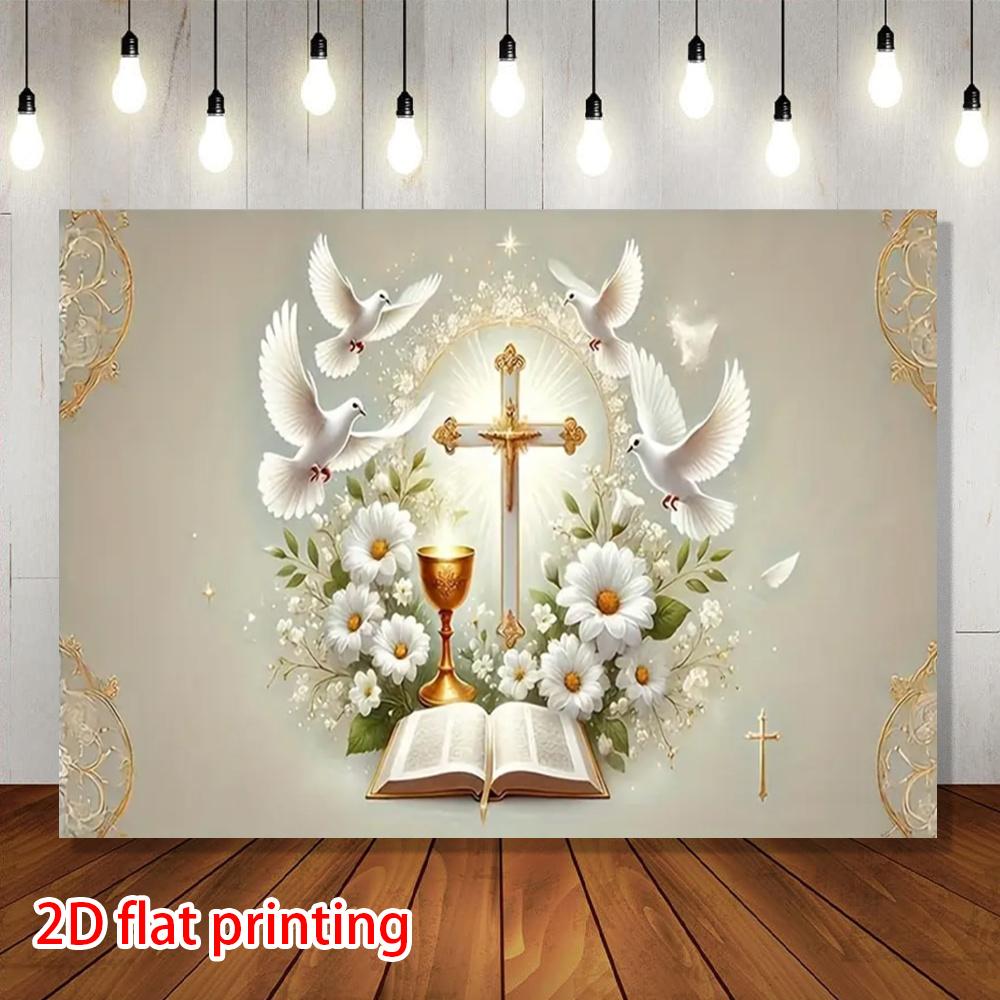 2D Flat, 2D Flat, 2D Flat Banner, One Baptism Party Background Banner, Dove Pattern, Floral Design, Cross Pattern, Suitable for Church, Birthday, Baptism, Shower, Wedding, Party, First Communion, Garden, Ro