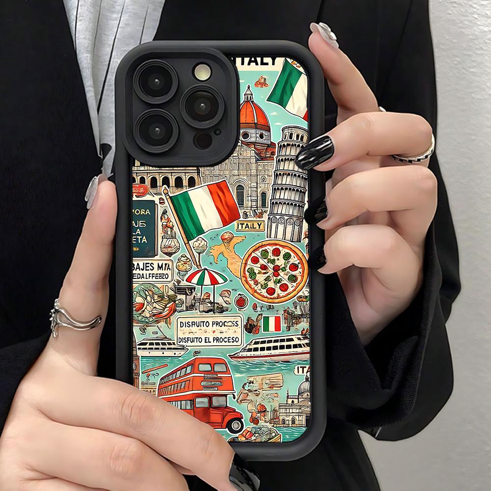 Italian - themed Travel Elements Pattern Phone Case Fashionable Popular Shock - Proof Anti - Fingerprint Full Coverage Thick Protective Soft Case Compatible with iPhone 17 E Air Pro ProMax iPhone16 15 14 Plus 13 12 Mini 11 X XS XR