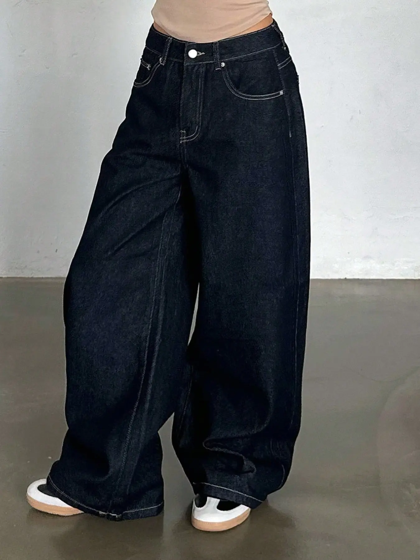 High Waist Dark Wide Leg Jeans for Women, American Street Style, Loose Fit, Long Pants with Multiple Pockets, All Seasons