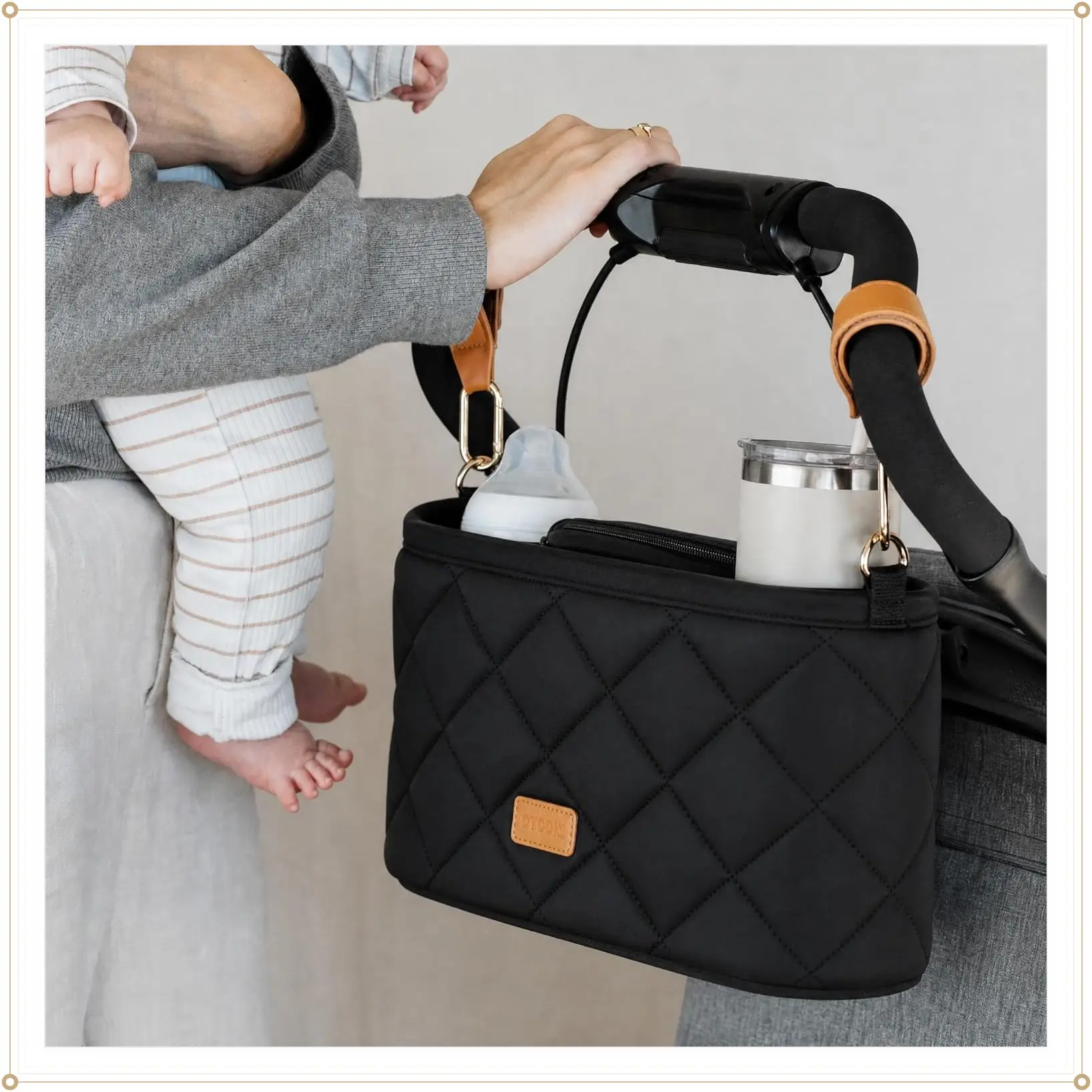 Luxury Stroller Caddy Organizer - All Seasons, 2 Cup Holders, Leather Straps, Zippered Pocket, Spacious, Universal Fit for Doona, Nuna, Uppababy Strollers, Gift (Sports & Outdoor Accessory)