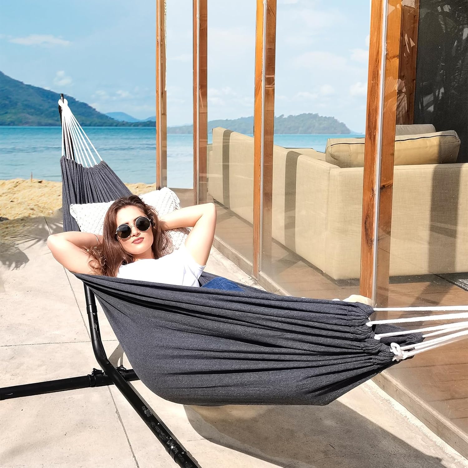 Cotton Hammock Portable Camping Hammocks for Hanging Sturdy Garden Comfortable Fabric Hammock with Tree Straps Up to 660lbs with Travel Bag for Camping Outdoor/Indoor Patio Backyard Cotton Hammock Portable Camping Hammocks for Hanging Sturdy Garden Comfortable Fabric Hammock with Tree Straps Up to 660lbs with Travel Bag for Camping Outdoor/Indoor Patio Backyard