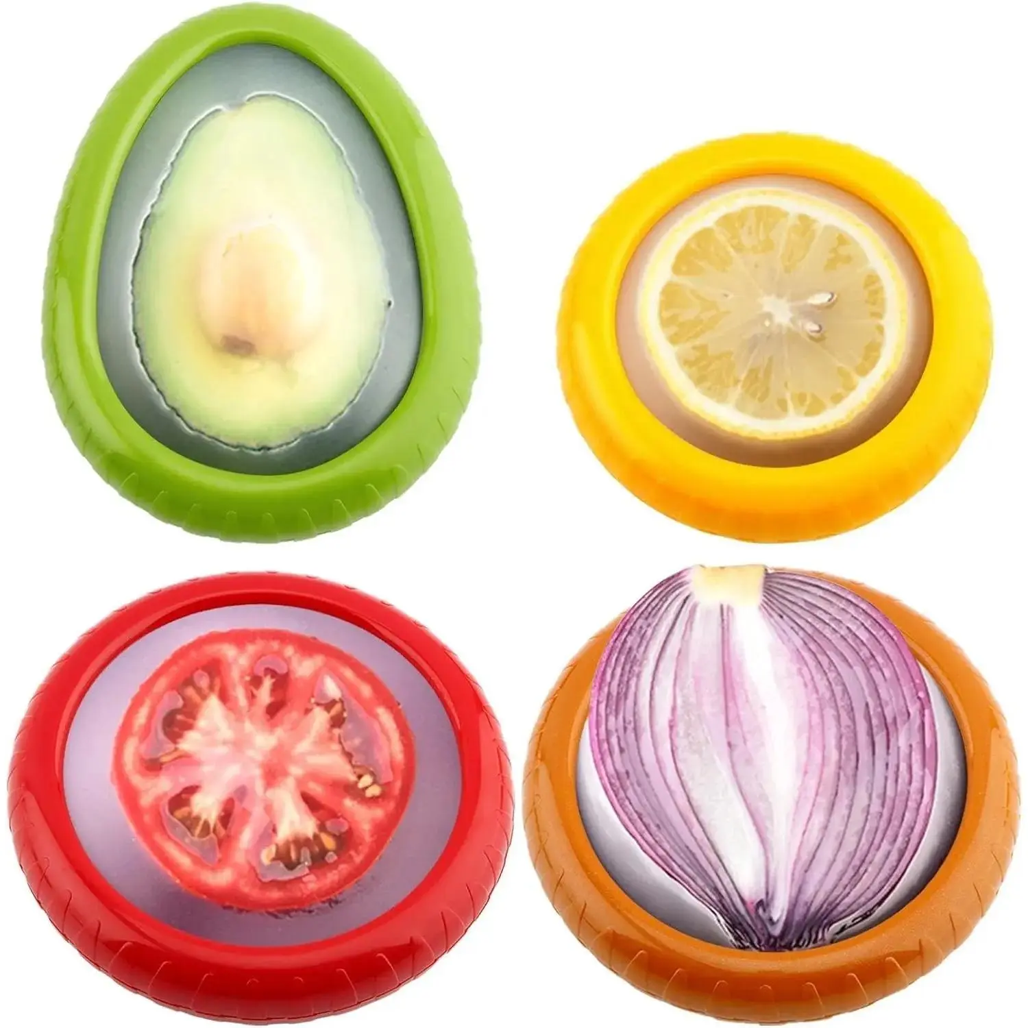 Reusable Airtight Silicone Fruit Storage Containers with Rotating Seal Lids, Leakproof Food Keeper for Avocados, Tomatoes, Onions, Lemons, Half Cut Veggies & Fruits Refrigerator Organizer