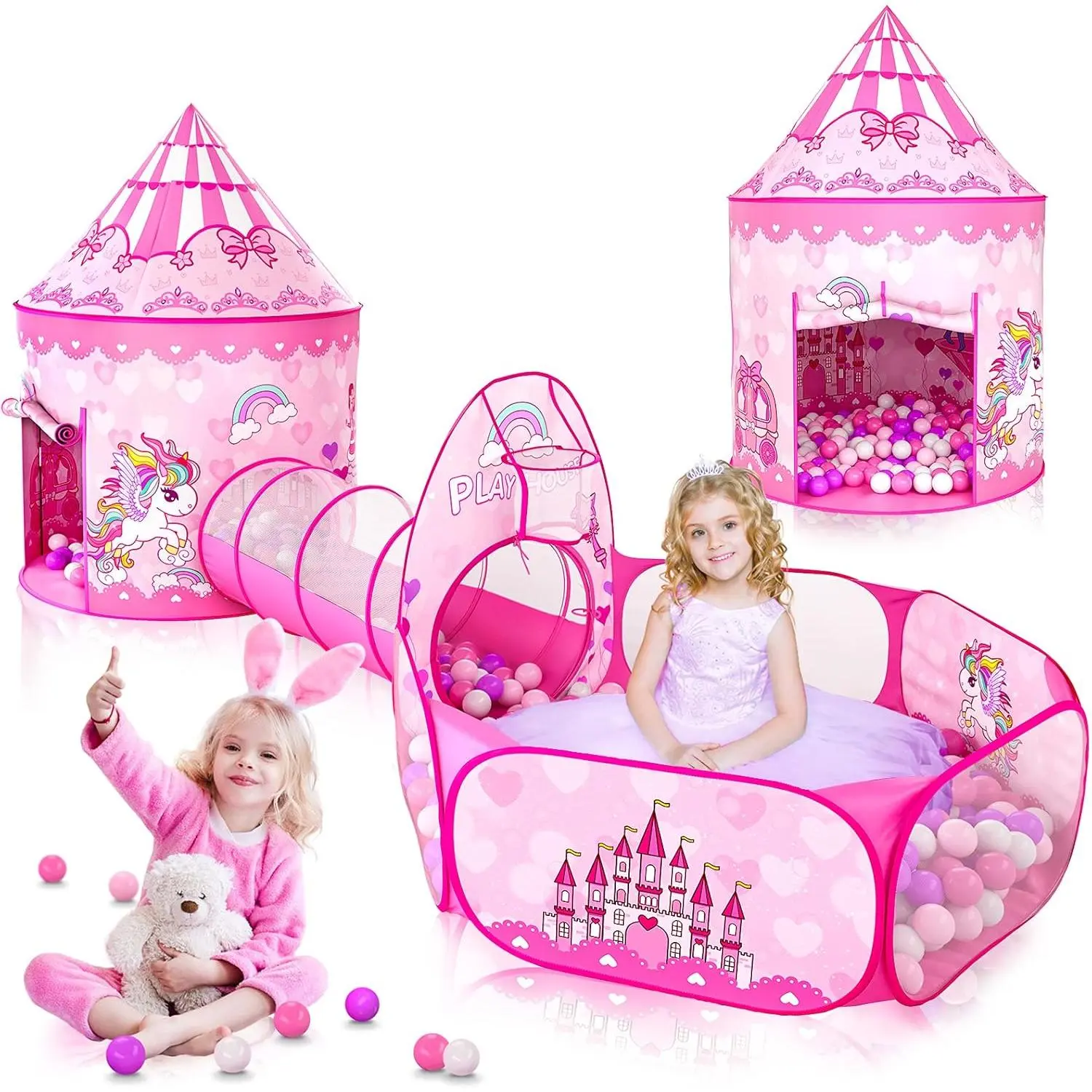 3PC Princess Playhouse Set for Girls - Pink Pop-Up Tent, Kids Ball Pit, Toddlers Crawl Tunnel - Indoor/Outdoor Birthday Gift Toys