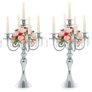 2 Pcs 20.3'' Tall 5 Arm Silver Candelabra Table Centerpiece Metal Crystal Candle Holder Retro Candlestick for Party Events Home Wedding Decor (Silver)