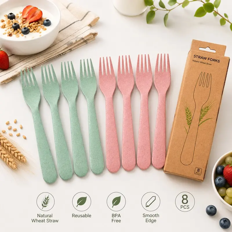 8 Pack Wheat Straw Forks, Pink and Green Reusable Forks Set, Lightweight Unbreakable Flatware Utensils for Kids and Adults, Plastic Alternative Dessert Forks for Fruit, Salad, Lunch, Picnic, Camping and Party, Cutlery