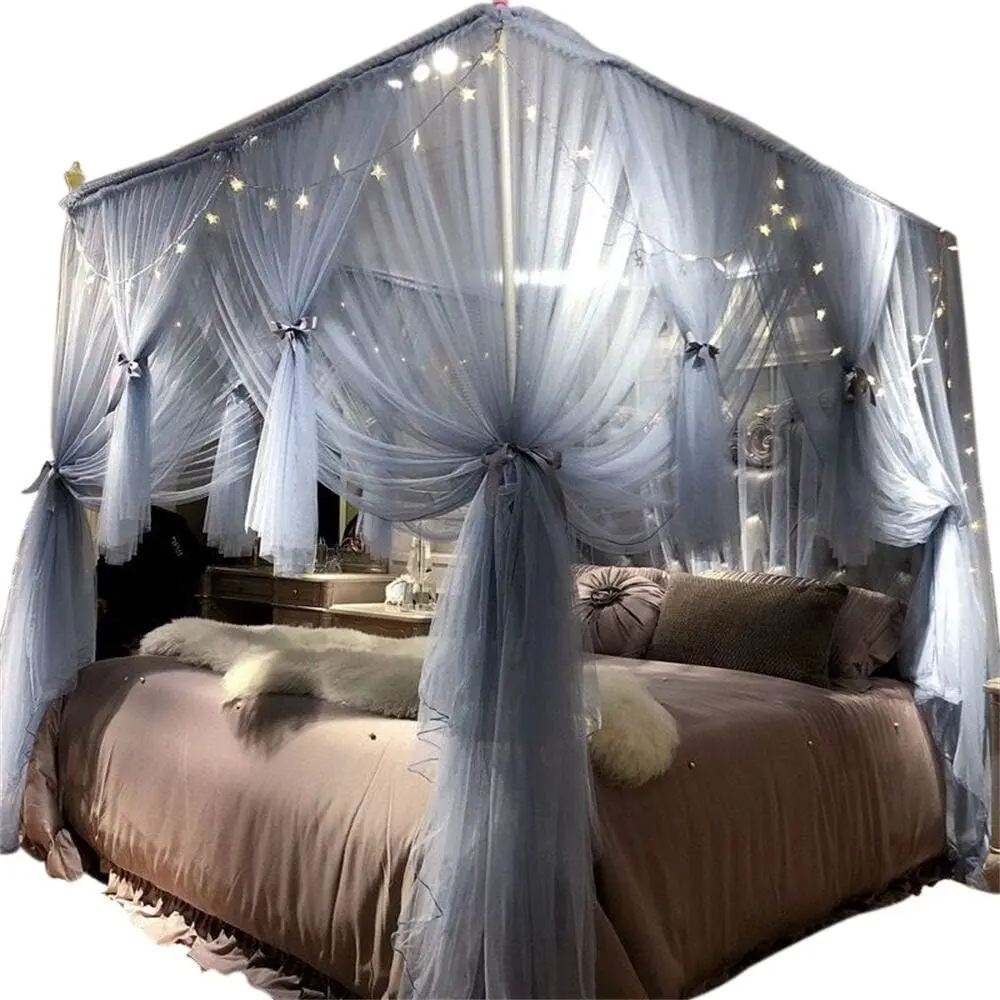 4-Corners Post Canopy Bed Curtain, Royal Luxurious Cozy Drape Netting - Cute Princess Bedroom Decoration (Gray-Blue, Full/Queen)