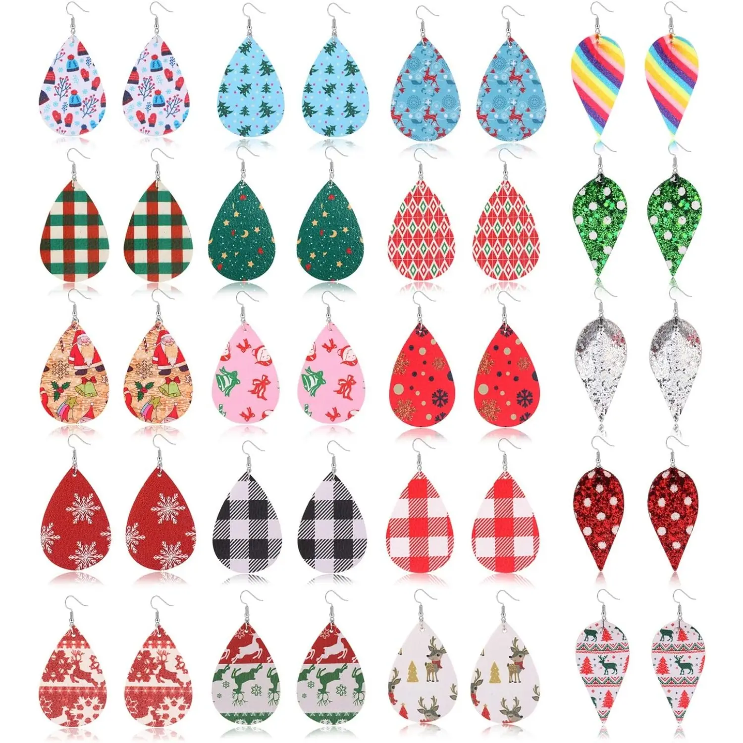 20-Pair Christmas Drop Earring Set for Women - Lightweight PU Leather Teardrop Holiday Jewelry with Stainless Steel Hooks, 20 Pairs, Black Buffalo Plaid, Casual, Daily, Drop Earrings, Hook Earrings
