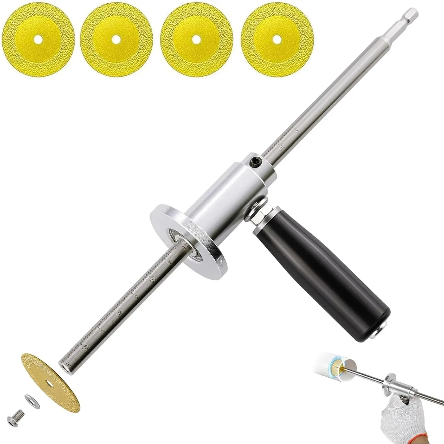 Inside Pipe for PVC Pipe,with 4 Grit Cutting Wheel And Handle,7 Inch Cutting Depth,Fit for 1-1/2 Inch to 8 Inch Pipe,1/4in Hex Shank Fit for And Drills