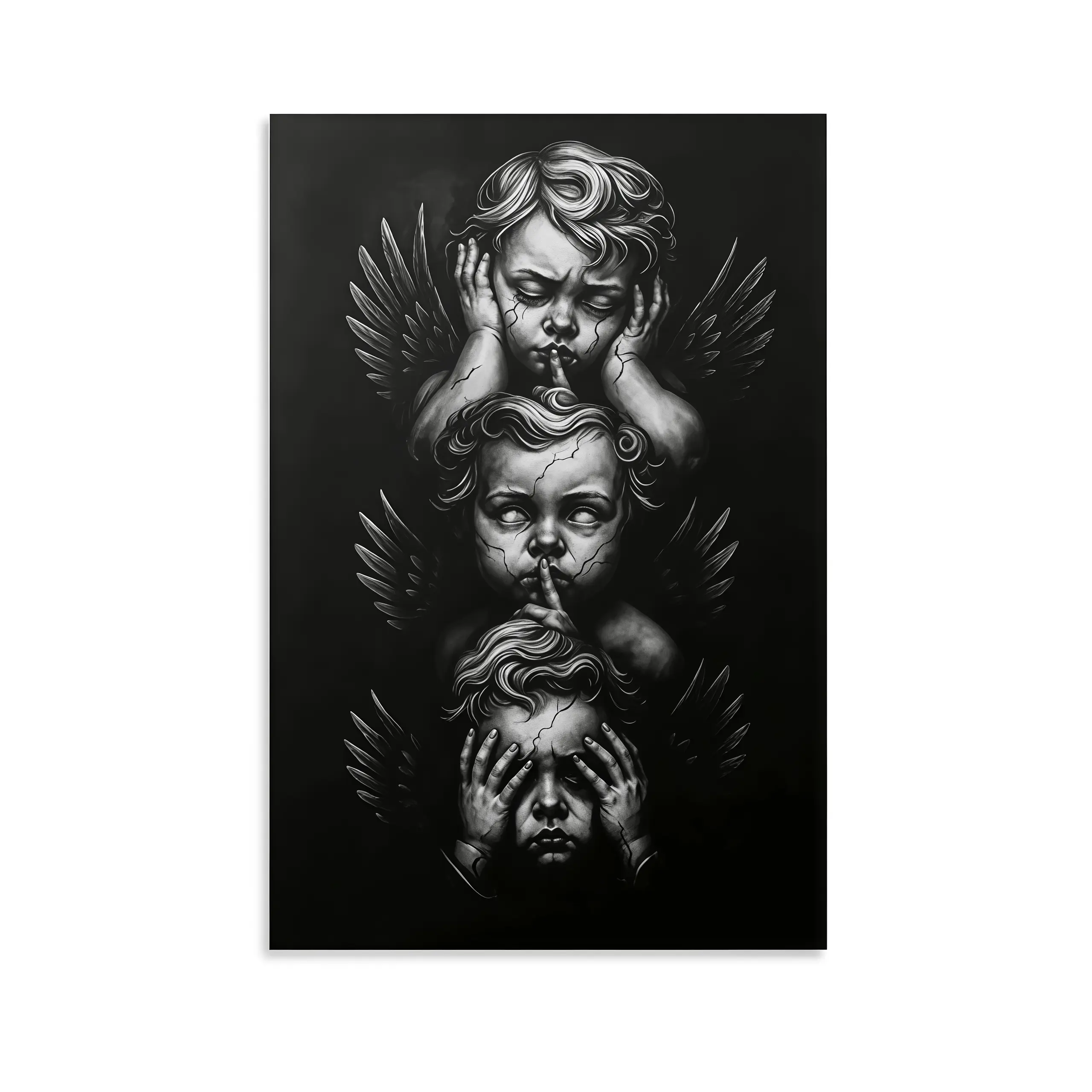Framed 1pc Flat Framed 2D Canvas Painting Hear See Speak No Evil Angels Perfect for Living Room Bedroom Office Study Gallery Hallway Decor Angelic Wall Art